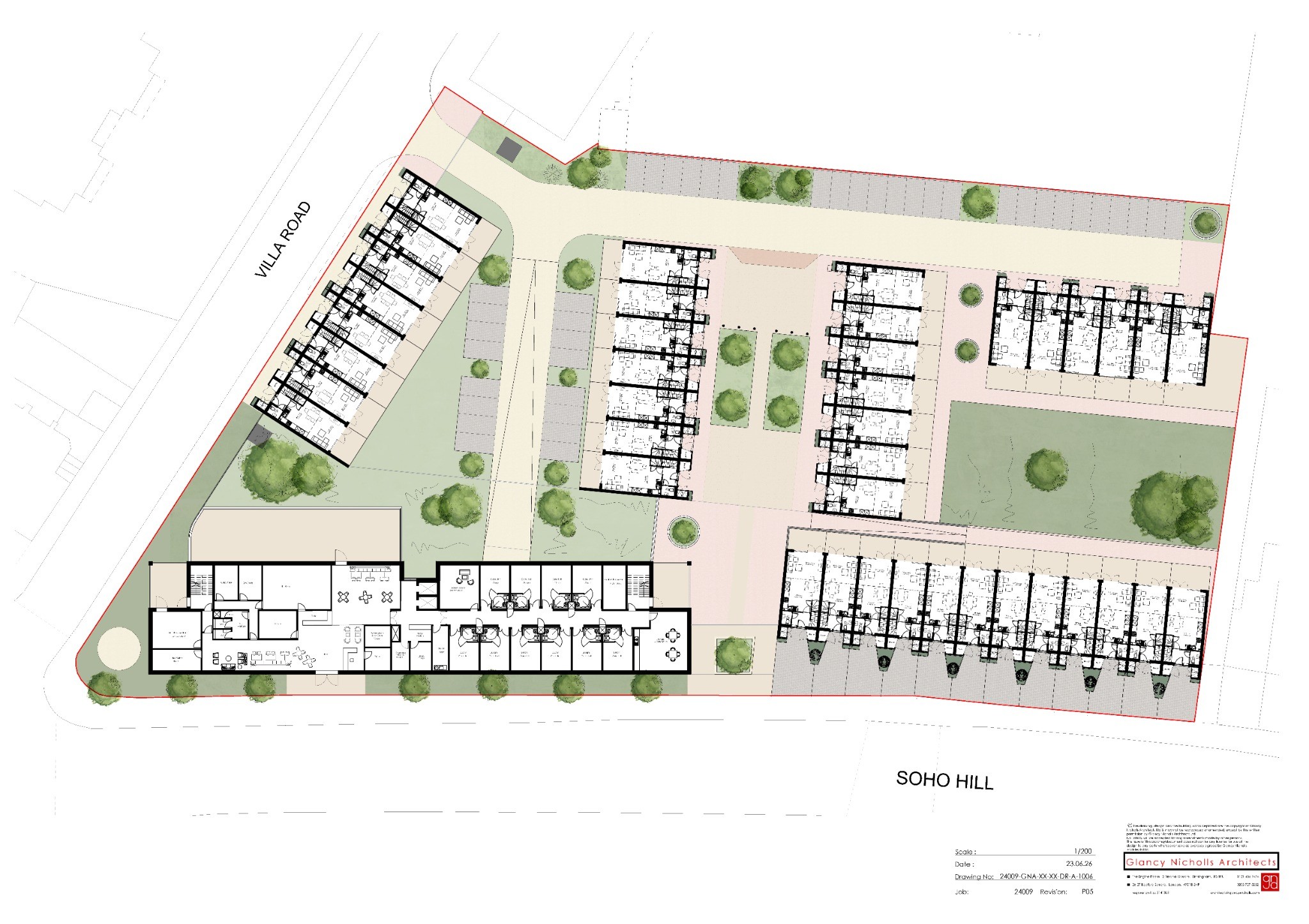 Proposed site plan showing the townhouses, care home and landscaped spaces
